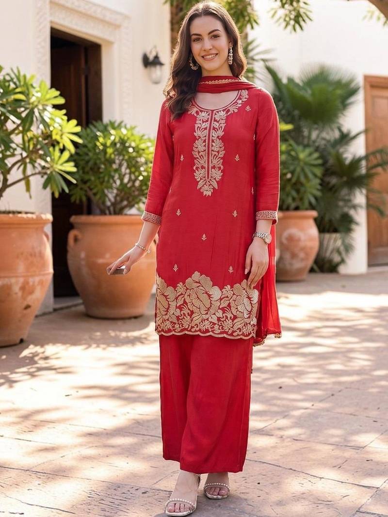 Women Ethnic Motifs Embroidered Regular Thread Work Silk Crepe Kurta with Palazzos & With Dupatta