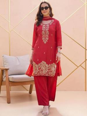 Women Ethnic Motifs Embroidered Regular Silk Crepe Kurta with Palazzos & With Dupatta 1