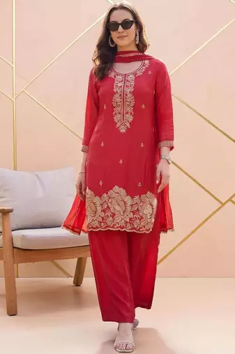 Women Ethnic Motifs Embroidered Regular Silk Crepe Kurta with Palazzos & With Dupatta