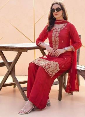 Women Ethnic Motifs Embroidered Regular Silk Crepe Kurta with Palazzos & With Dupatta 2
