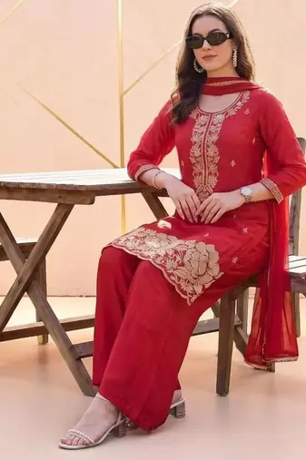 Women Ethnic Motifs Embroidered Regular Silk Crepe Kurta with Palazzos & With Dupatta
