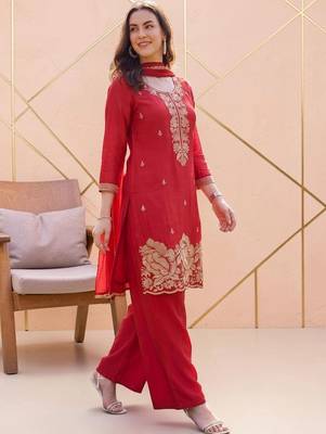 Women Ethnic Motifs Embroidered Regular Silk Crepe Kurta with Palazzos & With Dupatta 3