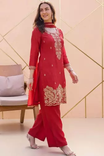 Women Ethnic Motifs Embroidered Regular Silk Crepe Kurta with Palazzos & With Dupatta