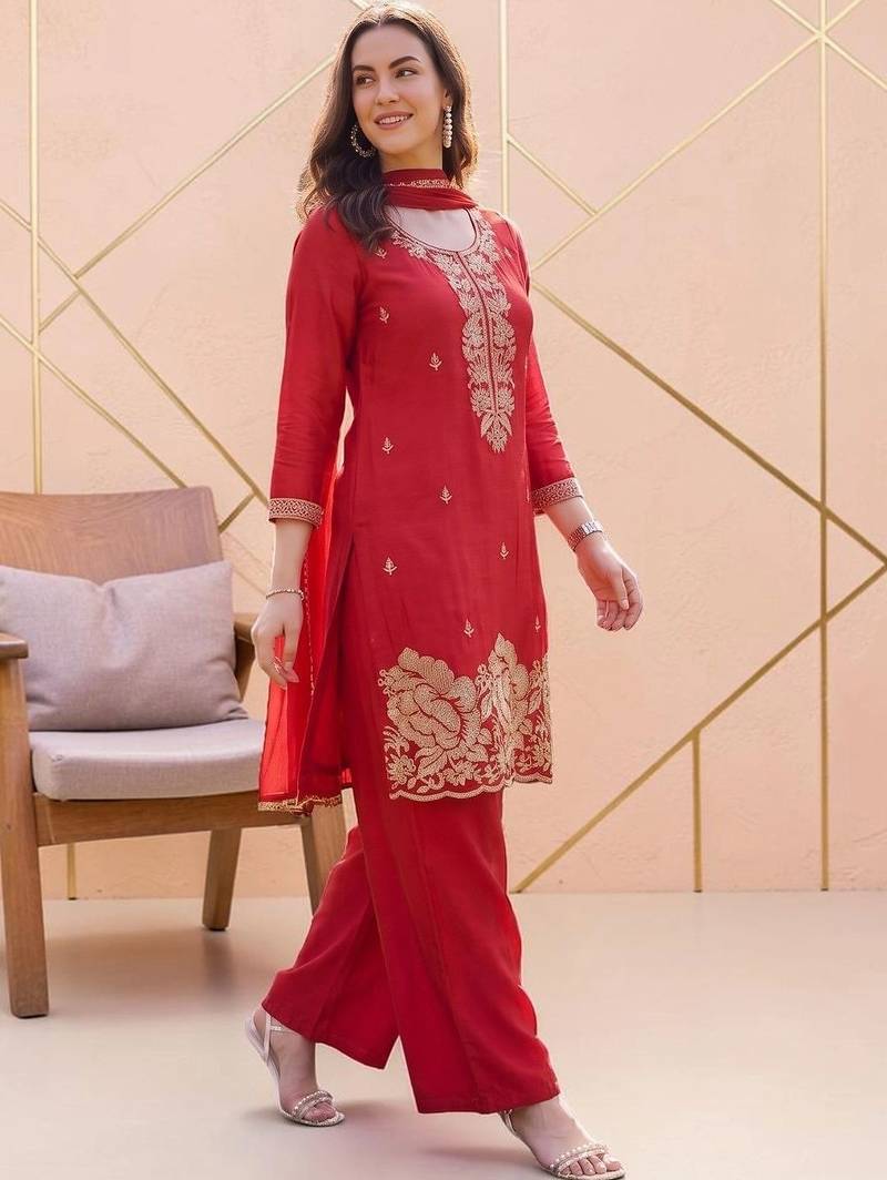 Women Ethnic Motifs Embroidered Regular Silk Crepe Kurta with Palazzos & With Dupatta