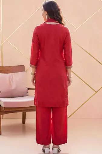 Women Ethnic Motifs Embroidered Regular Silk Crepe Kurta with Palazzos & With Dupatta