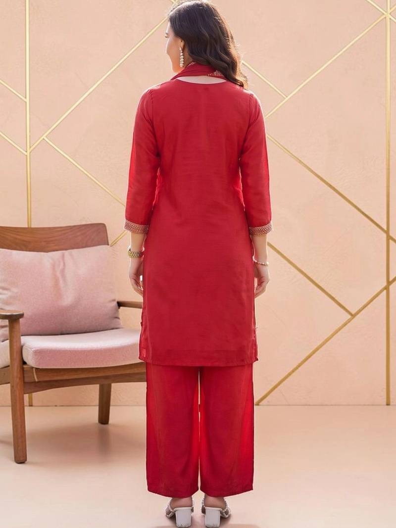Women Ethnic Motifs Embroidered Regular Silk Crepe Kurta with Palazzos & With Dupatta