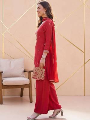 Women Ethnic Motifs Embroidered Regular Silk Crepe Kurta with Palazzos & With Dupatta 5