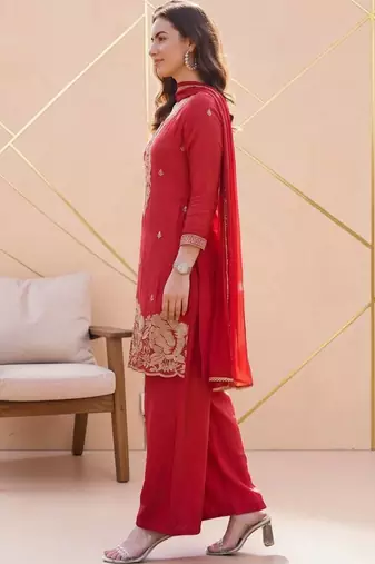 Women Ethnic Motifs Embroidered Regular Silk Crepe Kurta with Palazzos & With Dupatta