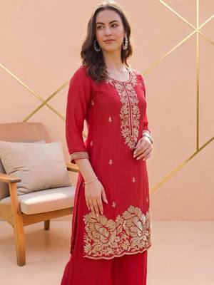 Women Ethnic Motifs Embroidered Regular Silk Crepe Kurta with Palazzos & With Dupatta 6
