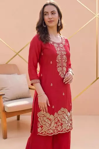 Women Ethnic Motifs Embroidered Regular Silk Crepe Kurta with Palazzos & With Dupatta