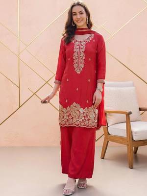 Women Ethnic Motifs Embroidered Regular Silk Crepe Kurta with Palazzos & With Dupatta 7