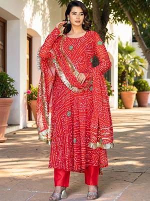 Women Leheriya Dyed Regular Kurta with Trousers & With Dupatta 1