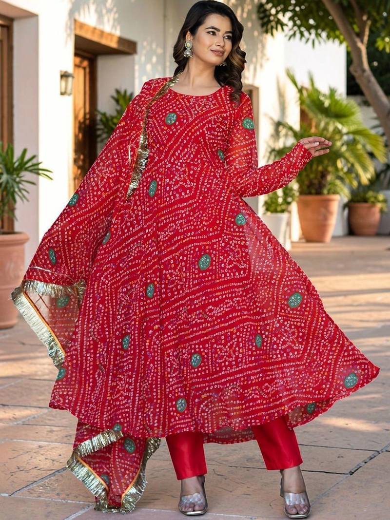 Women Leheriya Dyed Regular Kurta with Trousers & With Dupatta