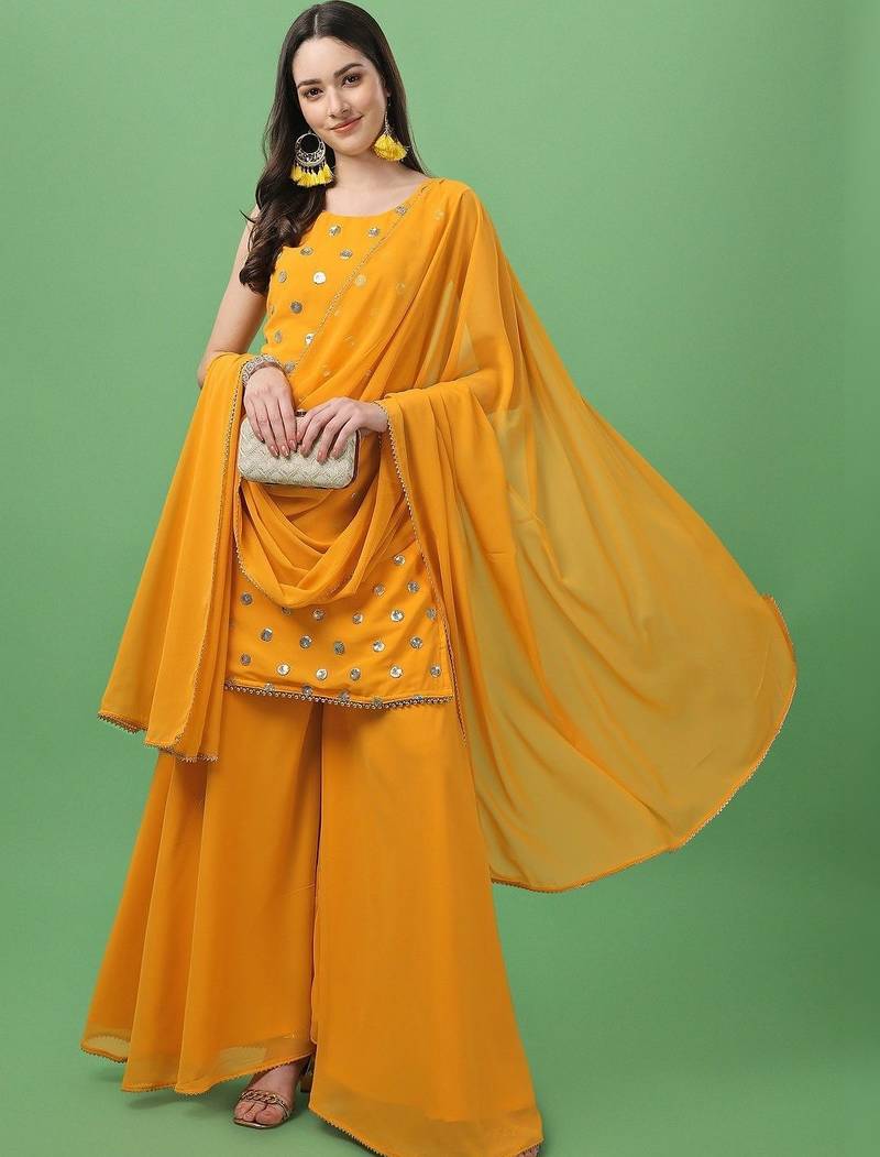 Women Sequinned Kurta with Palazzos & With Dupatta