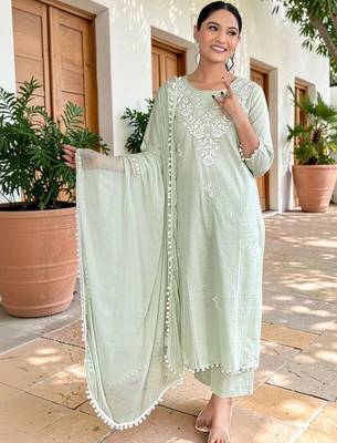 Women Ethnic Motifs Embroidered Pure Cotton Kurta with Palazzos & With Dupatta 1