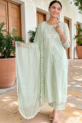 Women Ethnic Motifs Embroidered Pure Cotton Kurta with Palazzos & With Dupatta