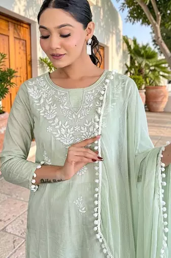 Women Ethnic Motifs Embroidered Pure Cotton Kurta with Palazzos & With Dupatta