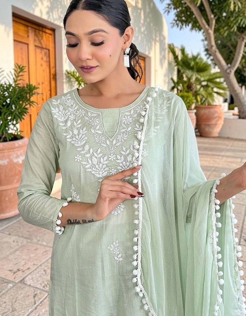 Women Ethnic Motifs Embroidered Pure Cotton Kurta with Palazzos & With Dupatta