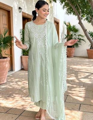 Women Ethnic Motifs Embroidered Pure Cotton Kurta with Palazzos & With Dupatta 6