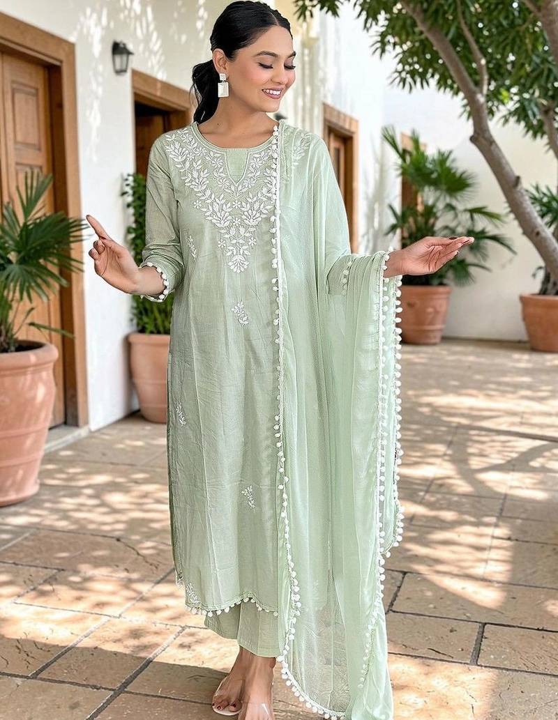 Women Ethnic Motifs Embroidered Pure Cotton Kurta with Palazzos & With Dupatta