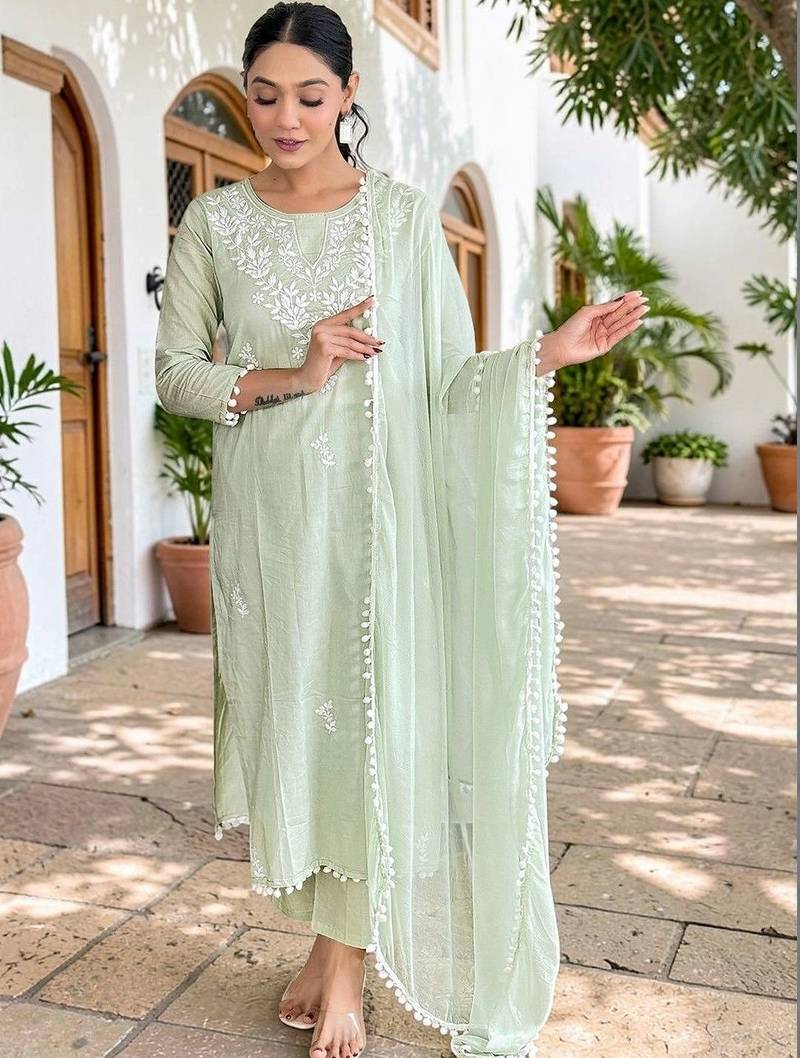 Women Ethnic Motifs Embroidered Pure Cotton Kurta with Palazzos & With Dupatta