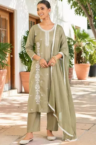 Women Embroidered Thread Work Pure Cotton Kurta with Trousers & With Dupatta