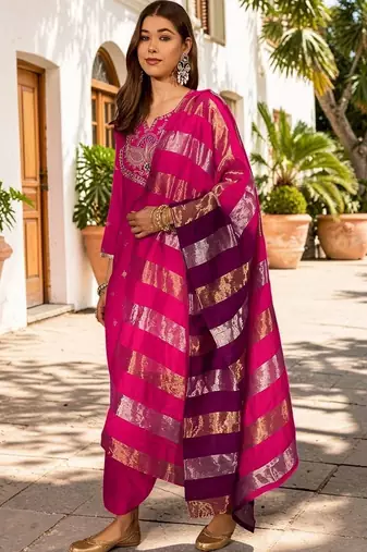 Women Ethnic Motifs Embroidered Regular Kurta with Patiala & With Dupatta