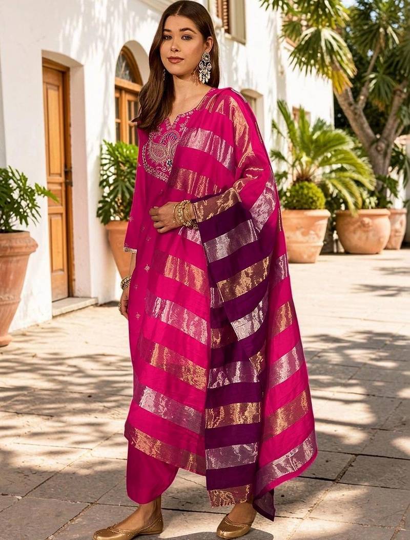 Women Ethnic Motifs Embroidered Regular Kurta with Patiala & With Dupatta