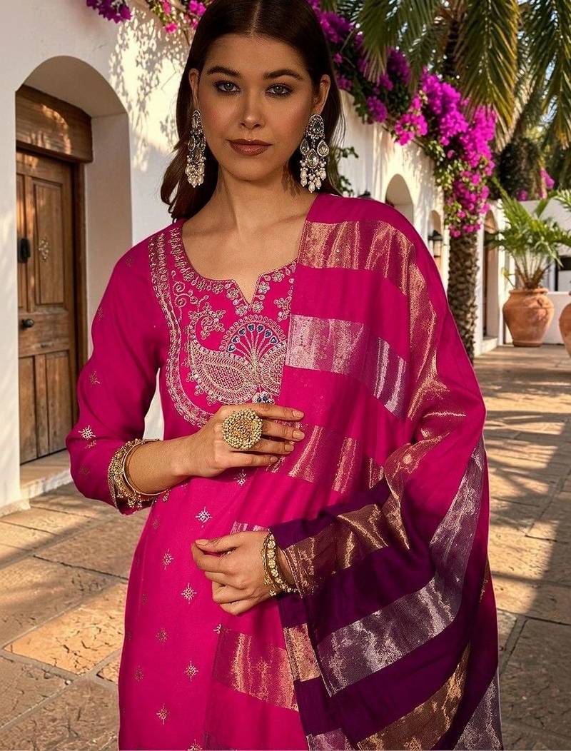 Women Ethnic Motifs Embroidered Regular Kurta with Patiala & With Dupatta
