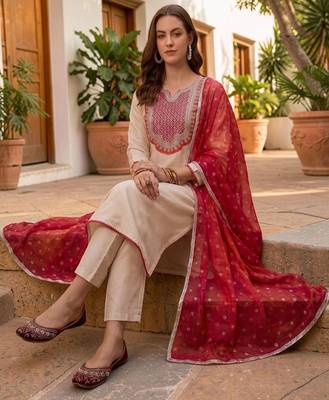Women Ethnic Motifs Embroidered Regular Thread Work Kurta with Trousers & With Dupatta 1