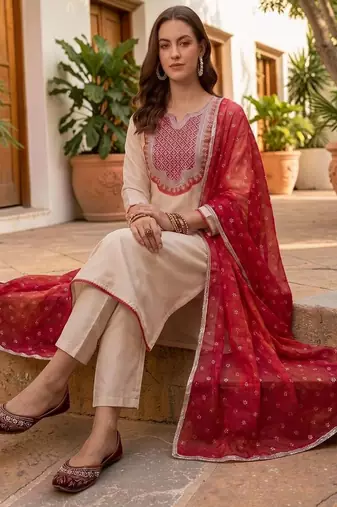 Women Ethnic Motifs Embroidered Regular Thread Work Kurta with Trousers & With Dupatta