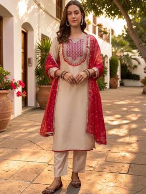 Women Ethnic Motifs Embroidered Regular Thread Work Kurta with Trousers & With Dupatta 2