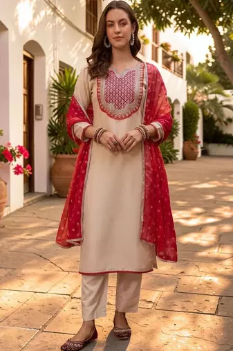 Women Ethnic Motifs Embroidered Regular Thread Work Kurta with Trousers & With Dupatta
