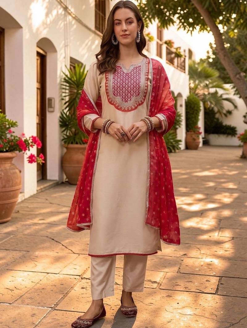 Women Ethnic Motifs Embroidered Regular Thread Work Kurta with Trousers & With Dupatta