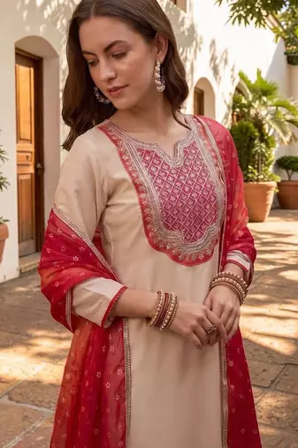 Women Ethnic Motifs Embroidered Regular Thread Work Kurta with Trousers & With Dupatta