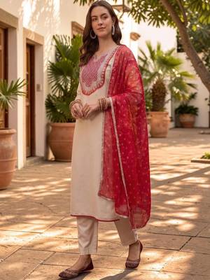 Women Ethnic Motifs Embroidered Regular Thread Work Kurta with Trousers & With Dupatta 5