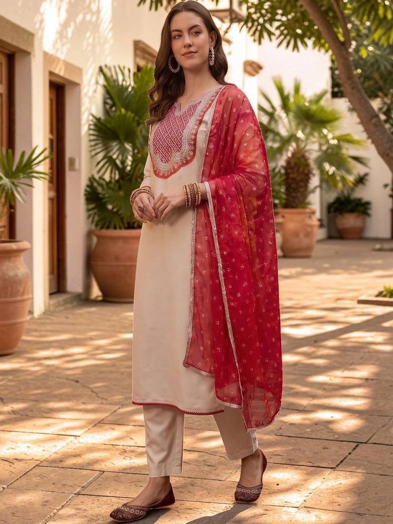 Women Ethnic Motifs Embroidered Regular Thread Work Kurta with Trousers & With Dupatta
