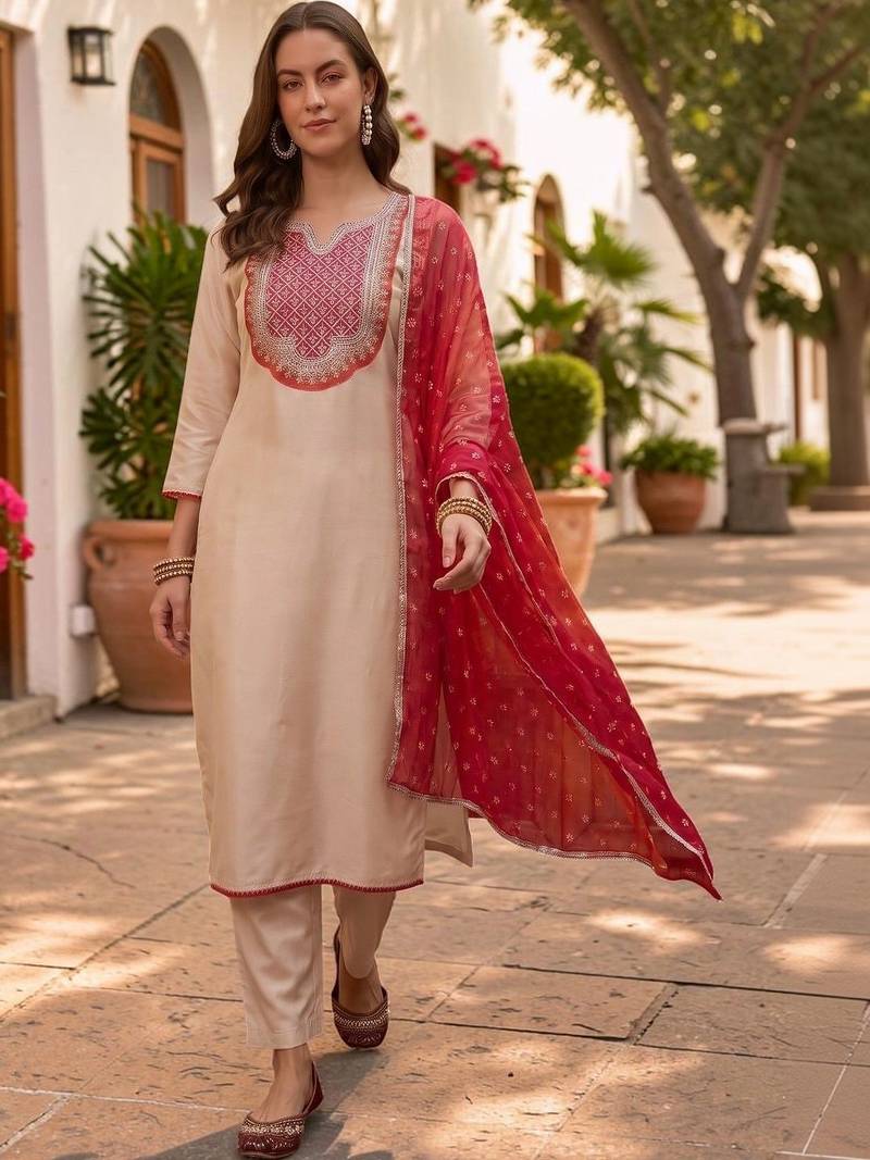 Women Ethnic Motifs Embroidered Regular Thread Work Kurta with Trousers & With Dupatta