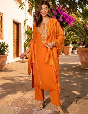 Women Embroidered Regular Thread Work Kurta with Trousers & With Dupatta 1