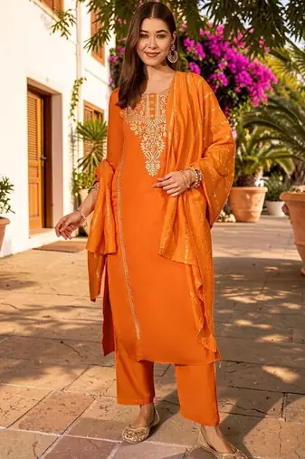 Women Embroidered Regular Thread Work Kurta with Trousers & With Dupatta