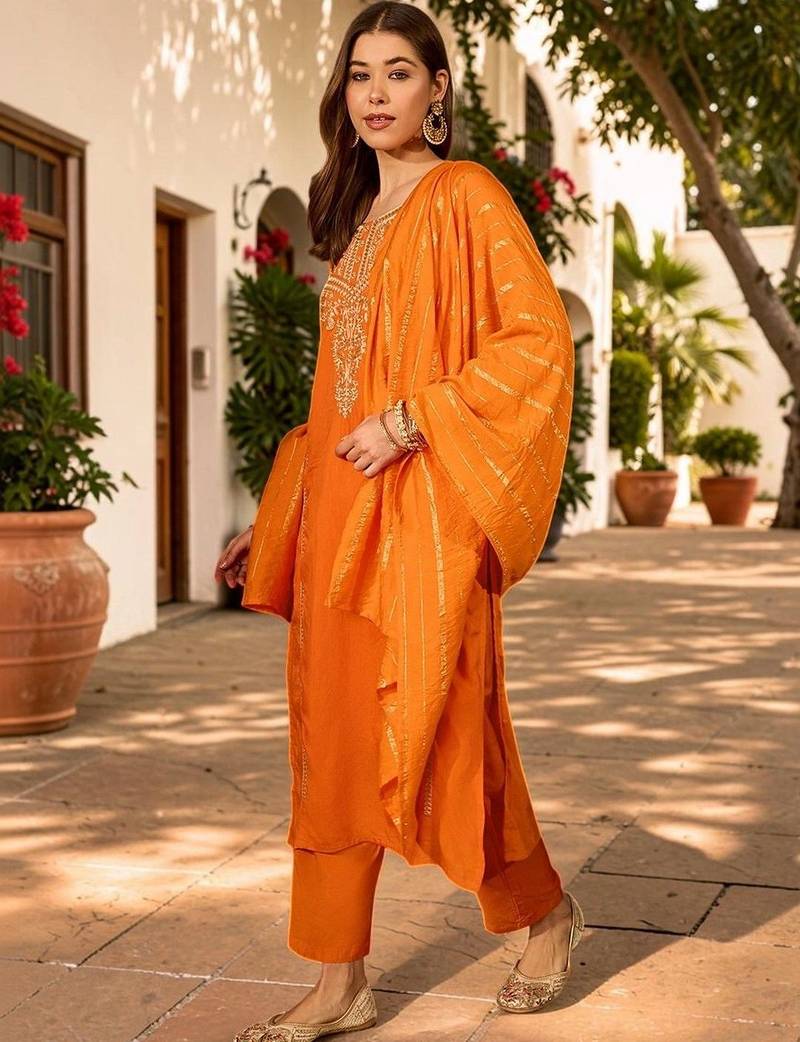 Women Embroidered Regular Thread Work Kurta with Trousers & With Dupatta