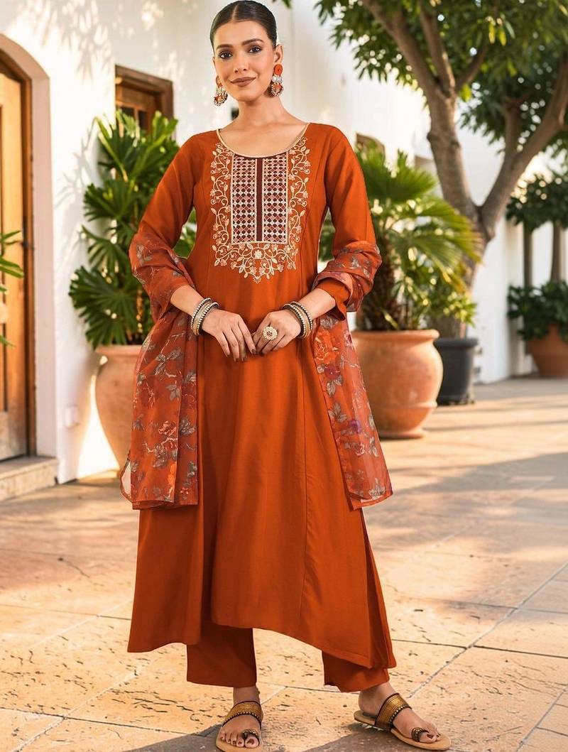 Women Ethnic Motifs Embroidered Regular Thread Work Kurta with Trousers & With Dupatta