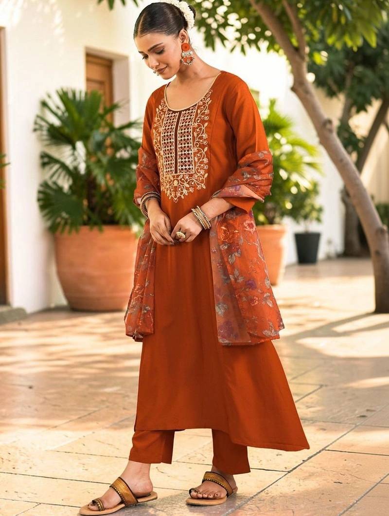 Women Ethnic Motifs Embroidered Regular Thread Work Kurta with Trousers & With Dupatta