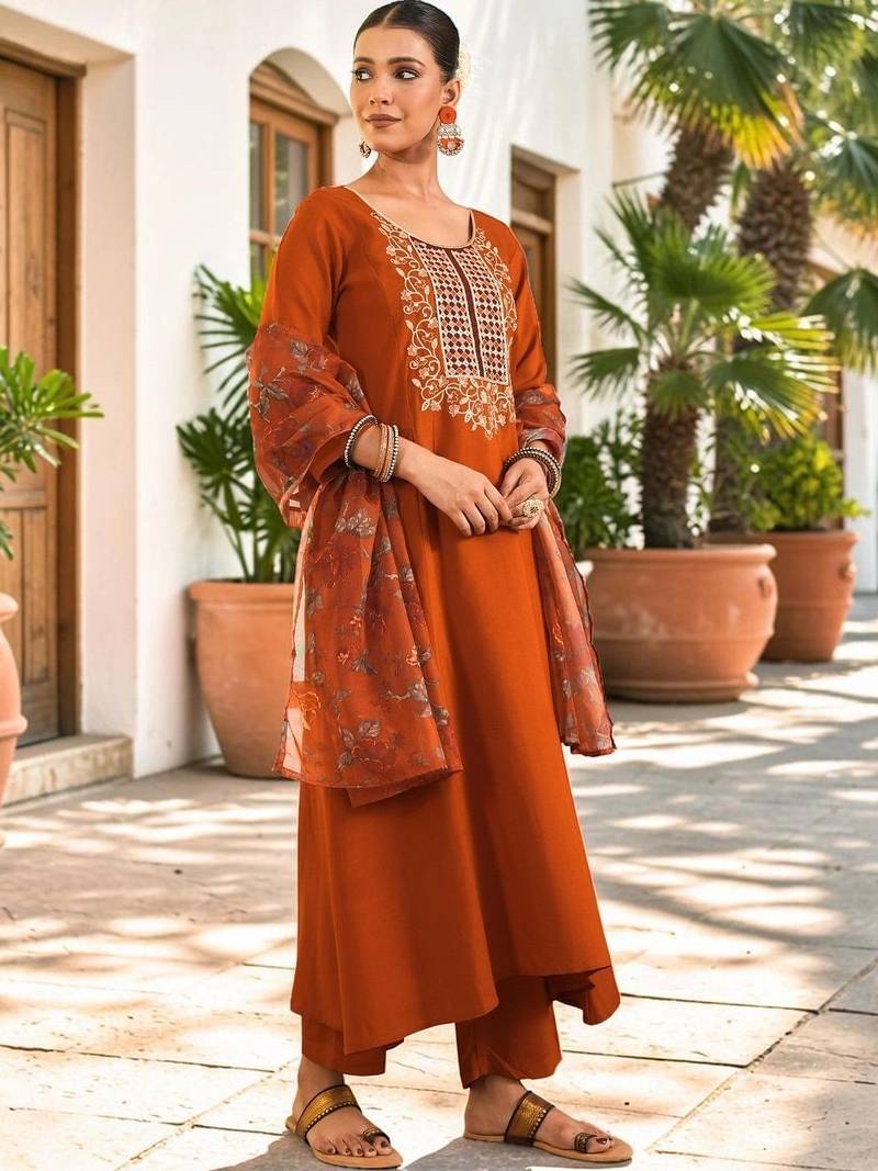 Women Ethnic Motifs Embroidered Regular Thread Work Kurta with Trousers & With Dupatta