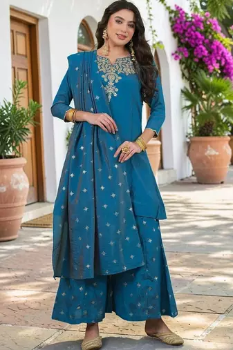 Women Ethnic Motifs Embroidered Regular Kurta with Palazzos & With Dupatta