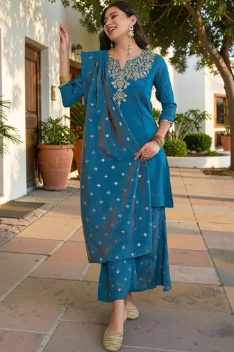 Women Ethnic Motifs Embroidered Regular Kurta with Palazzos & With Dupatta