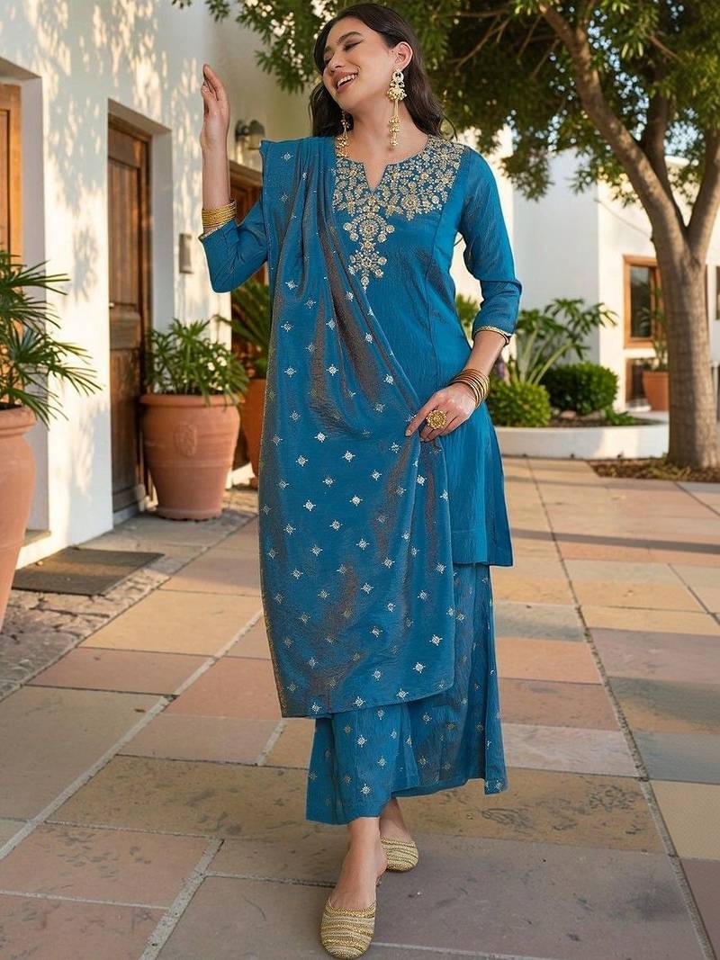 Women Ethnic Motifs Embroidered Regular Kurta with Palazzos & With Dupatta
