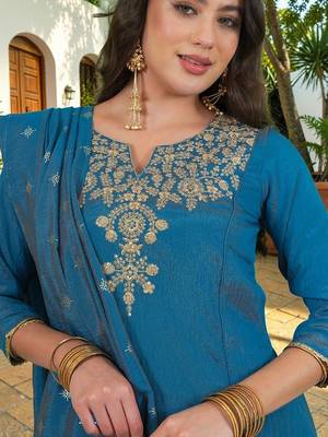 Women Ethnic Motifs Embroidered Regular Kurta with Palazzos & With Dupatta 3