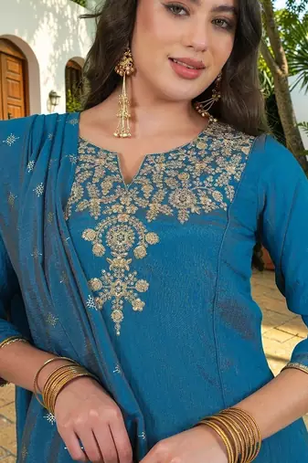 Women Ethnic Motifs Embroidered Regular Kurta with Palazzos & With Dupatta