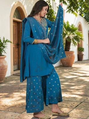 Women Ethnic Motifs Embroidered Regular Kurta with Palazzos & With Dupatta 6